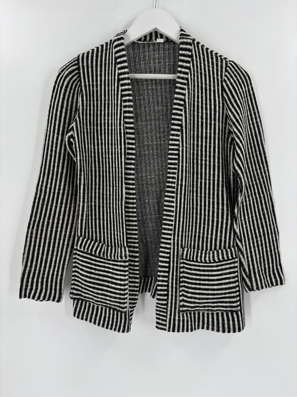 Vintage 60s 70s Striped Metallic Cardigan Sweater Womens 8 Black White Pockets